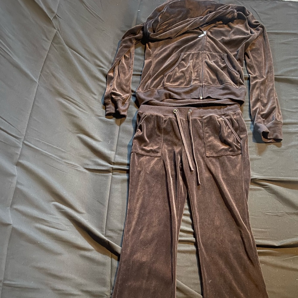 Chocolate brown velour tracksuit with wide leg pant